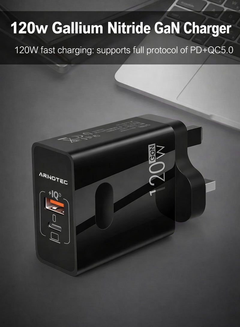 ARNOTEC 120W(Max) GaN Fast Charger, Dual-Port USB-C + USB-A Adapter, PD65W Single-Port Output, QC5.0 Fast Charging, Compact UK Plug for Laptop, Tablet & Smartphone - Image 2